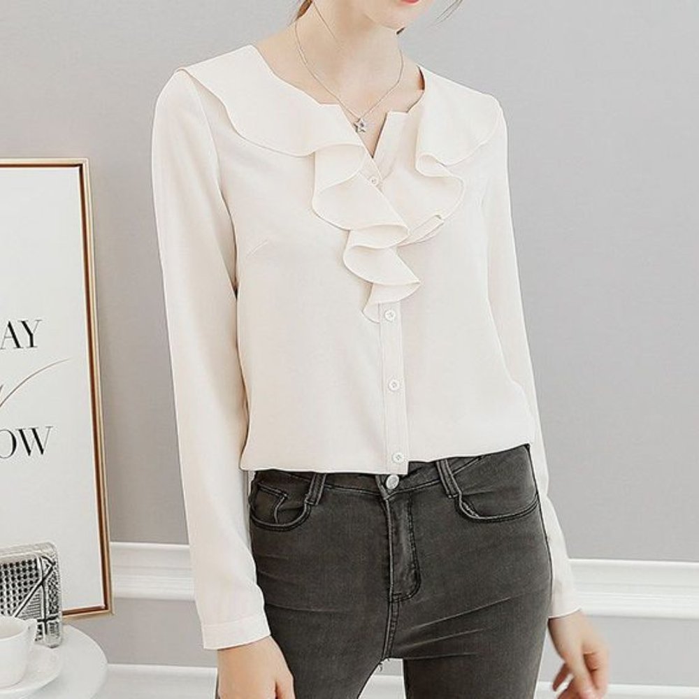 Ruffle Trim Blouse Size Small Almond